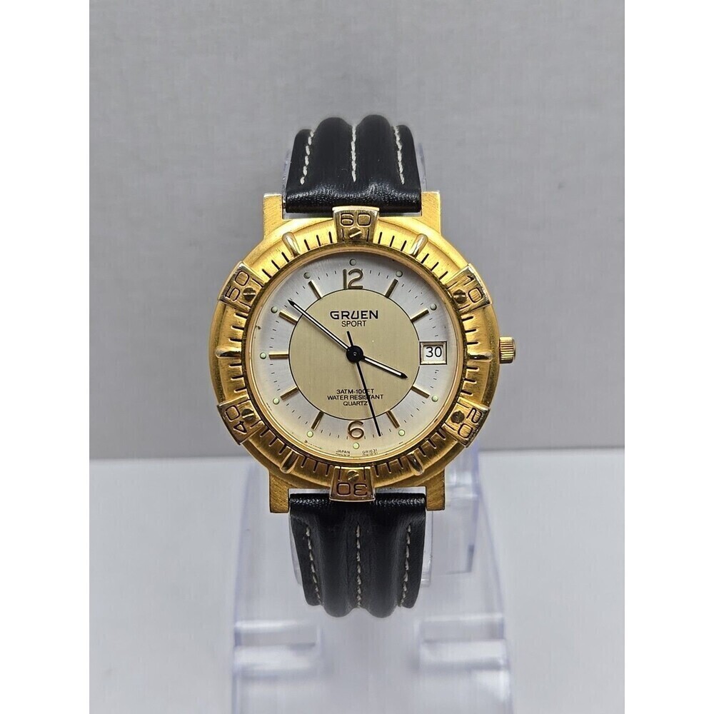 Gruen Sport Quartz Date Gold Tone Bezel 3ATM 100FT Mens Watch New Battery Analog